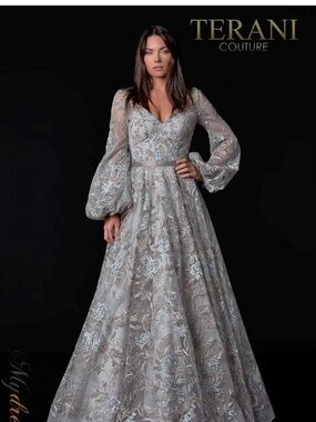 Terani Couture Silver Embroidered Long Sleeve Ball Gown